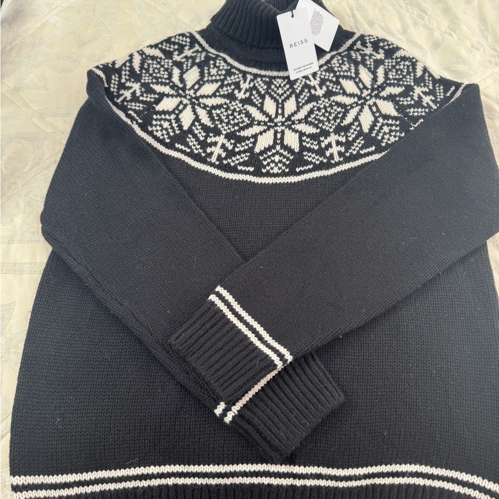 Reiss Black and White Patterned Knit Turtleneck Pullover